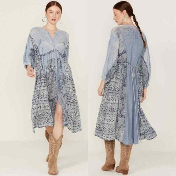 Free People Oh My Blue Mix Print Long Sleeve Button Front Midi Dress Size Small - Picture 1 of 7